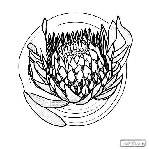 bouquet with a king protea flower, a rumduol, a ratchaphruek, and a lycaste  tattoo design idea