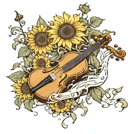 jellyfish in a field of sunflowers playing the violin and the drums  tattoo design idea