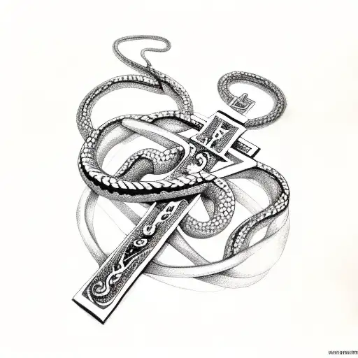 simple crucifix with two snakes coiled around it in the shape of a uterus tattoo design idea