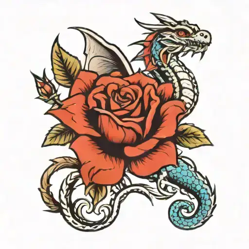 roses and luck dragon tattoo design idea