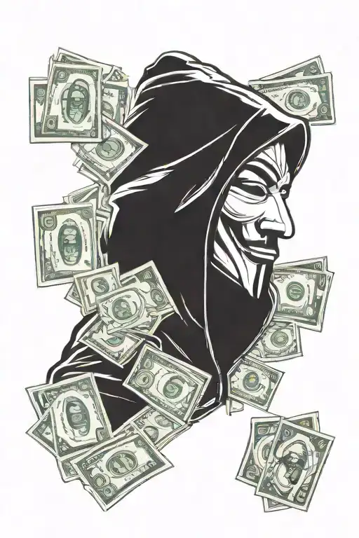 anonymous hooded man with money tattoo design idea