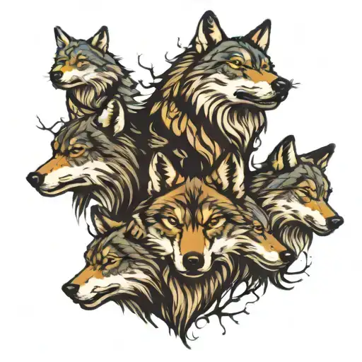 4 wolf faces, 1 of them is on a cliff edge in a forest. an indian tribal leader  tattoo design idea