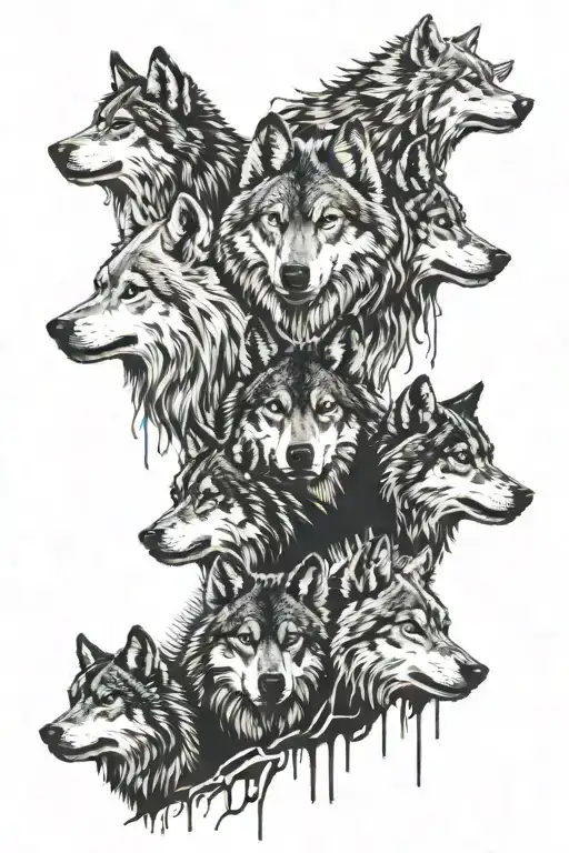 4 wolf faces, 1 of them is on a cliff edge in a forest. an indian tribal leader  tattoo design idea