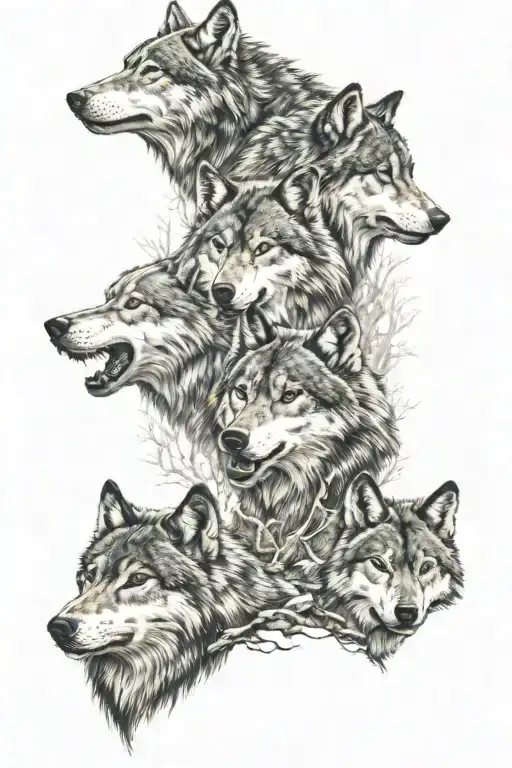 4 wolf faces, 1 of them is on a cliff edge in a forest. an indian tribal leader  tattoo design idea