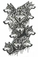 4 wolf faces, 1 of them is on a cliff edge in a forest. an indian tribal leader  tattoo design idea