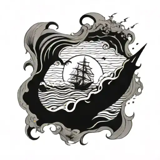 A ship sailing through a stormy sea with crashing waves and lightning in the background tattoo design idea