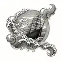 A seafarer navigating through stormy waters with a ship and waves in the background tattoo design idea
