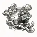 A seafarer navigating through stormy waters with a ship and waves in the background tattoo design idea