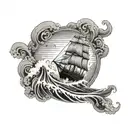 A seafarer navigating through stormy waters with a ship and waves in the background tattoo design idea