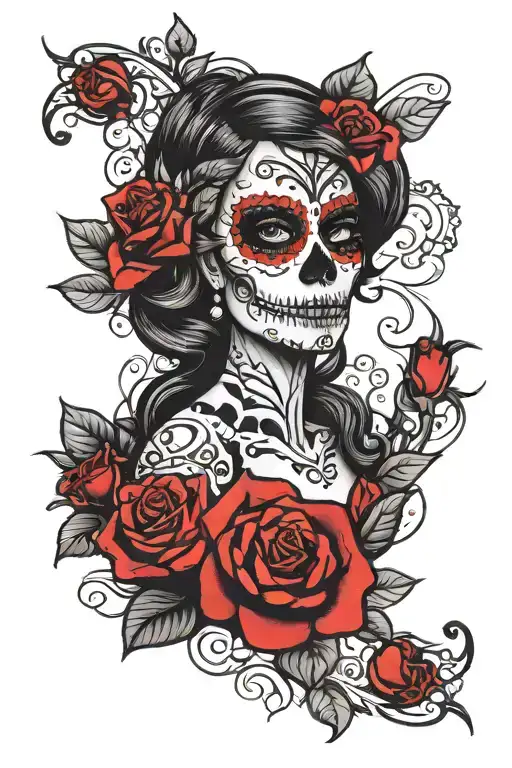 black and white day of the dead with red roses growing tattoo design idea
