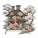 house with flowers coming out of the chimney poping tattoo design idea