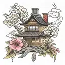 house with flowers coming out of the chimney poping tattoo design idea