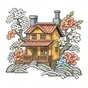 house with flowers coming out of the chimney poping tattoo design idea