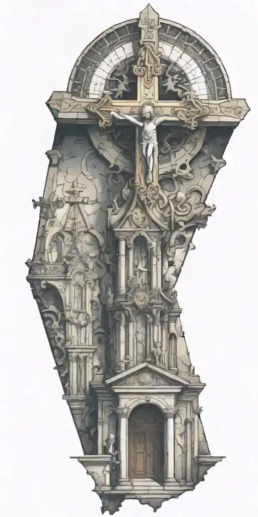 The inside of a catholic church with an upside down cross combined with zelda wind waker tattoo design idea