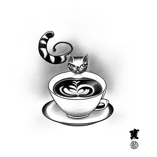 A coffee-themed tattoo with a Japanese twist, showcasing a cat sipping coffee from a traditional teacup tattoo design idea
