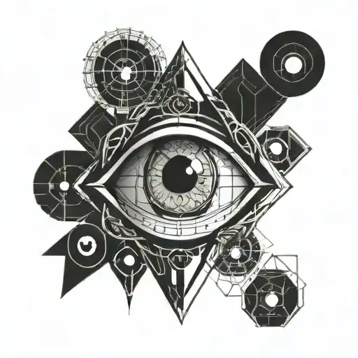 eye with clock inside and borromean rings below tattoo design idea
