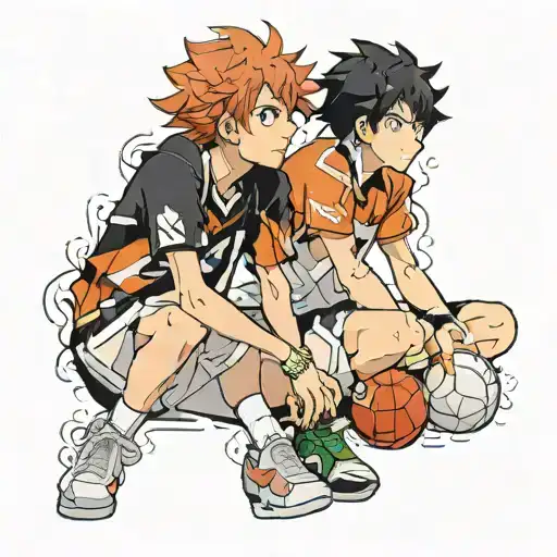 black curly hair boy next to short red haired girl haikyu tattoo design idea