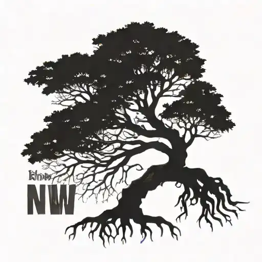 A strong, majestic tree w/roots spread out, w/ side representing the PNW and other TX. kids initials in branches.  tattoo design idea