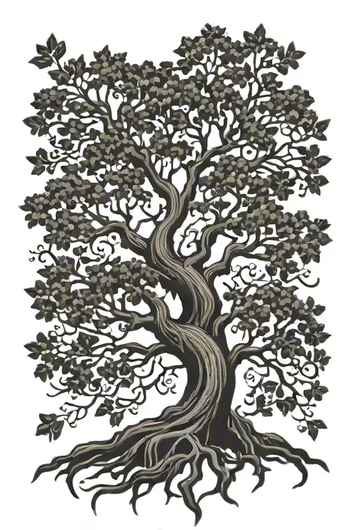 A strong, majestic tree w/roots spread out, w/ side representing the PNW and other TX. kids initials in branches.  tattoo design idea