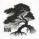 A strong, majestic tree w/roots spread out, w/ side representing the PNW and other TX. kids initials in branches.  tattoo design idea
