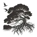 A strong, majestic tree w/roots spread out, w/ side representing the PNW and other TX. kids initials in branches.  tattoo design idea