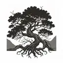A strong, majestic tree w/roots spread out, w/ side representing the PNW and other TX. kids initials in branches.  tattoo design idea