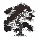 A strong, majestic tree w/roots spread out, w/ side representing the PNW and other TX. kids initials in branches.  tattoo design idea