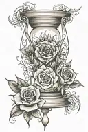 Hour Glass with heart shape from the sand on top and as on the bottom it forms a fire/ flame Roses and Thorns around tattoo design idea