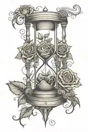 Hour Glass with heart shape from the sand on top and as on the bottom it forms a fire/ flame Roses and Thorns around tattoo design idea
