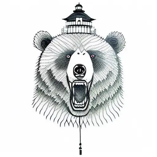Angry bear, a lighthouse and barbed wire  tattoo design idea