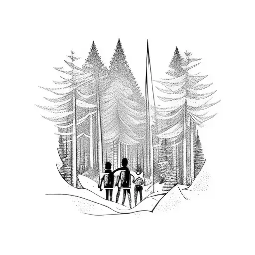 A group of friends hiking through a forest with a banner that says 'Retsentets' tattoo design idea