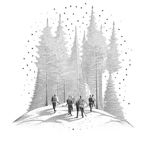 A group of friends hiking through a forest with a banner that says 'Retsentets' tattoo design idea