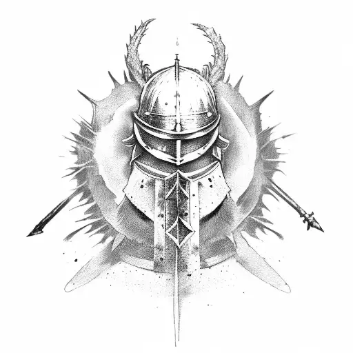dark souls soldier within a medieval dark fantasy town tattoo design idea