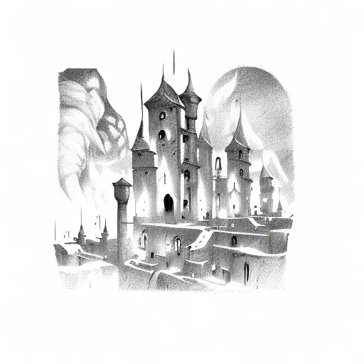 medieval dark fantasy town in fire tattoo design idea