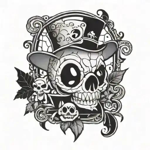 A creative fusion of the Haunted Mansion and Stitch's character design in a blackwork style, showcasing the spooky yet playful vibe tattoo design idea