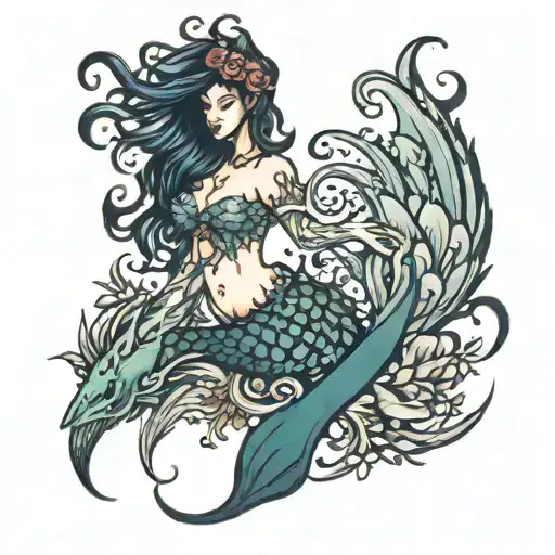 full length mermaid silhouette with phoenix  tattoo design idea