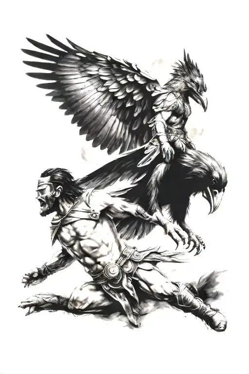 gladiator and raven flying tattoo design idea