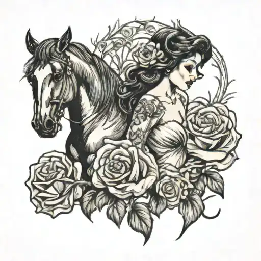 roses, Sexy lady and horse shoe tattoo design idea