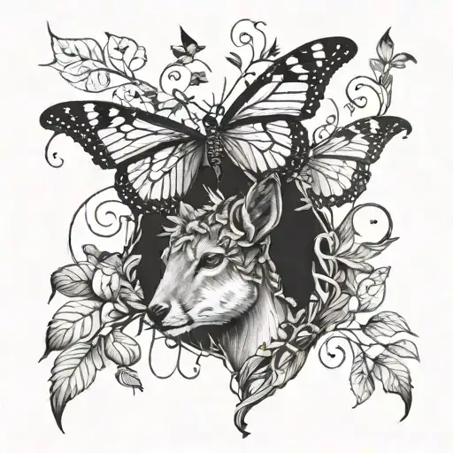  butterfly on a doe's nose and them wrapped in vines and greenery tattoo design idea