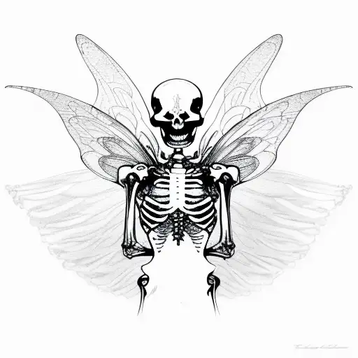 skeleton with fairy wings curly hair tattoo design idea