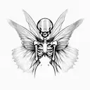 skeleton with fairy wings curly hair tattoo design idea