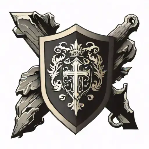Incorporate the family crest into a shield design with a cross and rocks to represent strength and protection tattoo design idea