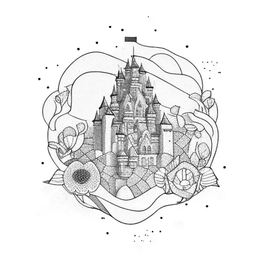 castle with stream and flowers tattoo design idea