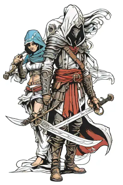Assasins creed hooded warrior with sword standing with 2 hooded warrior girls  tattoo design idea