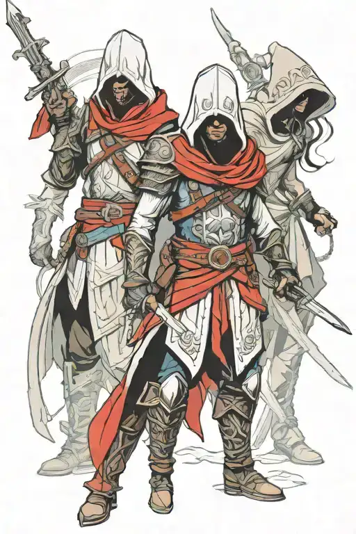 Assasins creed hooded warrior with sword standing with 2 hooded warrior girls  tattoo design idea