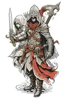 Assasins creed hooded warrior with sword standing with 2 hooded warrior girls  tattoo design idea