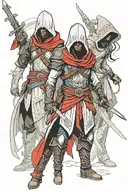 Assasins creed hooded warrior with sword standing with 2 hooded warrior girls  tattoo design idea