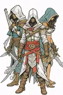 Assasins creed hooded warrior with sword standing with 2 hooded warrior girls  tattoo design idea