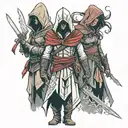 Assasins creed hooded warrior with sword standing with 2 hooded warrior girls  tattoo design idea
