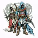 Assasins creed hooded warrior with sword standing with 2 hooded warrior girls  tattoo design idea